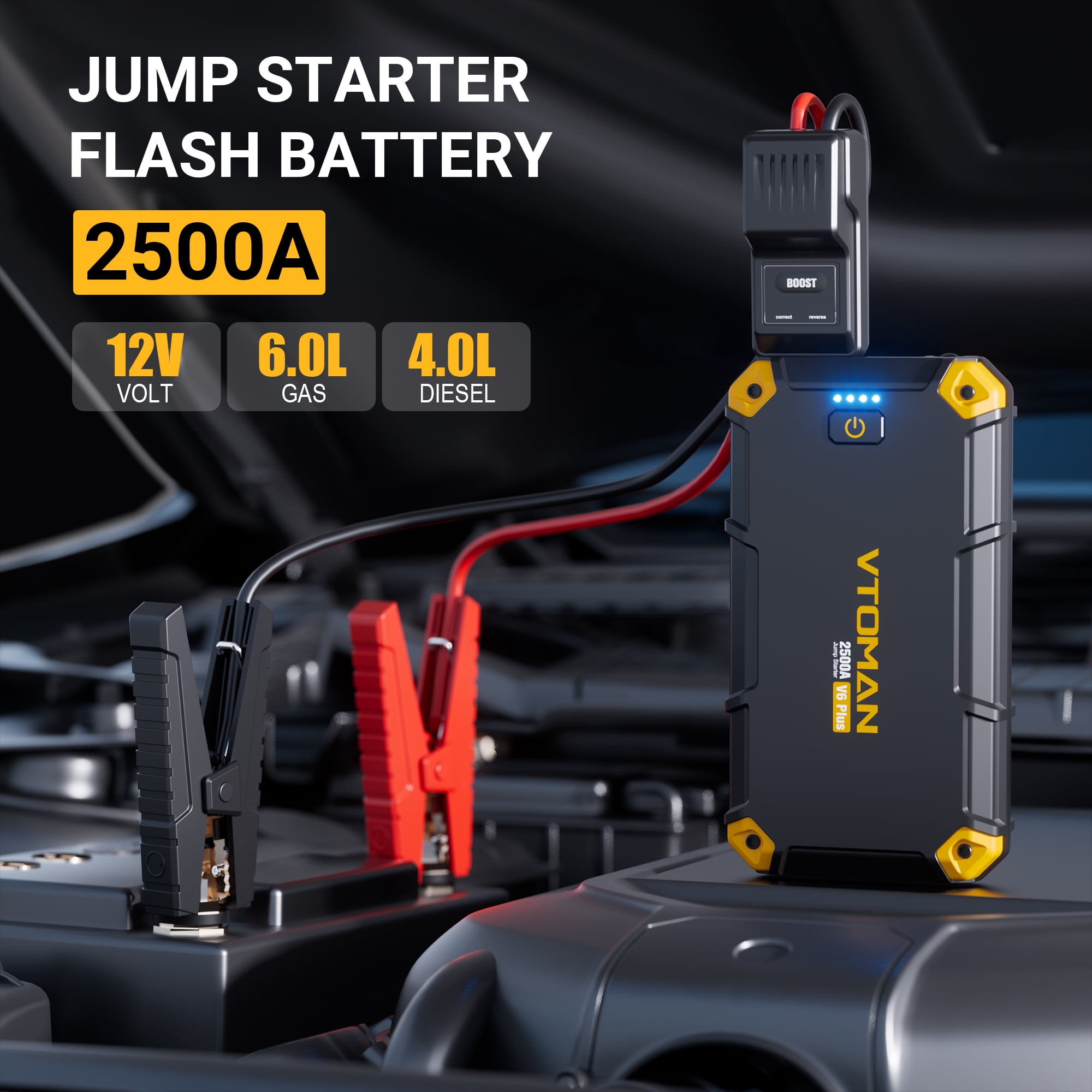 VTOMAN 2500A Car Jump Starter, Portable Battery Jumper for 12V Vehicles (6.0L Gas/4.0L Diesel), 10000mAh Fast Charging & Jumper Cables, V6 Plus