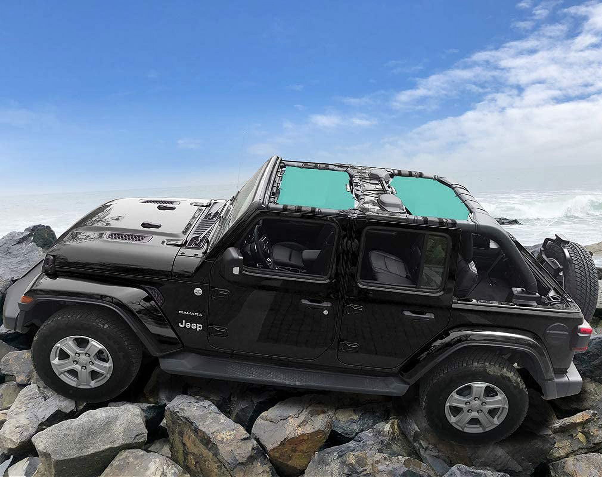 Shadeidea Jeep Wrangler Sun Shade JL Top Sunshade Front and Rear 2 piece-Tiff Blue Mesh Screen Sunshade JLU Unlimited 4 Door 2018-Current New Model Cover UV Blocker with Grab Bag-10 Years Warranty