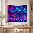 thumbnail image 5 of Neon Mountain Resort under Aurora and Fireworks, Dreamy Fantasy for Travel Lovers, Celebration Landscape Art, New Home Gift, Tapestry Wall Hanging for Living Room and Studio, 5 of 7
