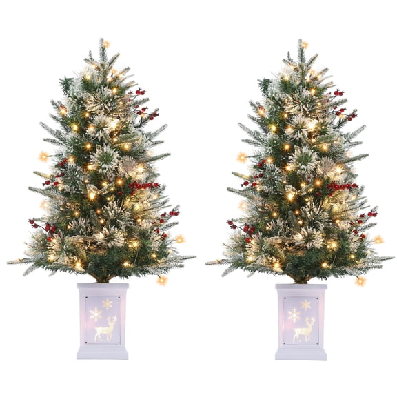 2-Pack 3FT Snow Flocked Artificial Christmas Trees with 78 LED Lights, Red Berries & Reindeer Design Base â Mini Pre-Lit Holiday Tree for Indoor Home, Fireplace, Bedroom, Office Decor
