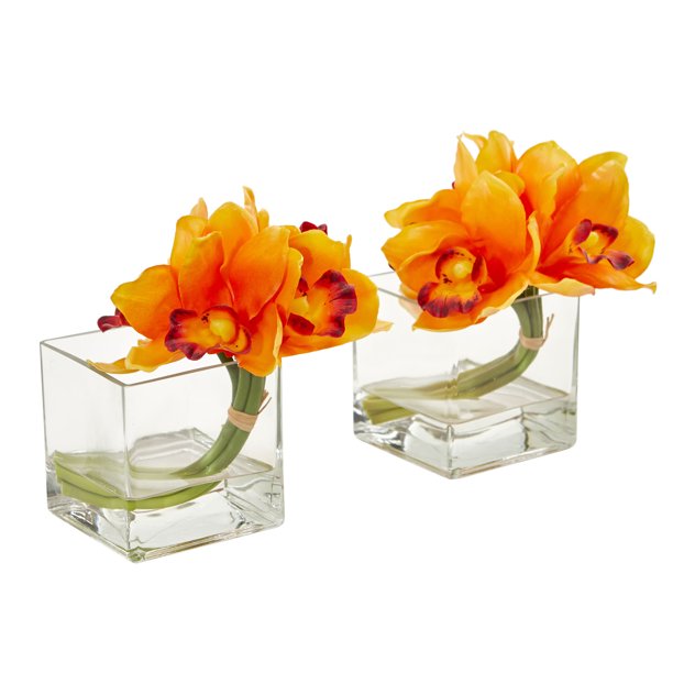 Cymbidium Orchid Artificial Arrangement in Glass Vase (Set of 2
