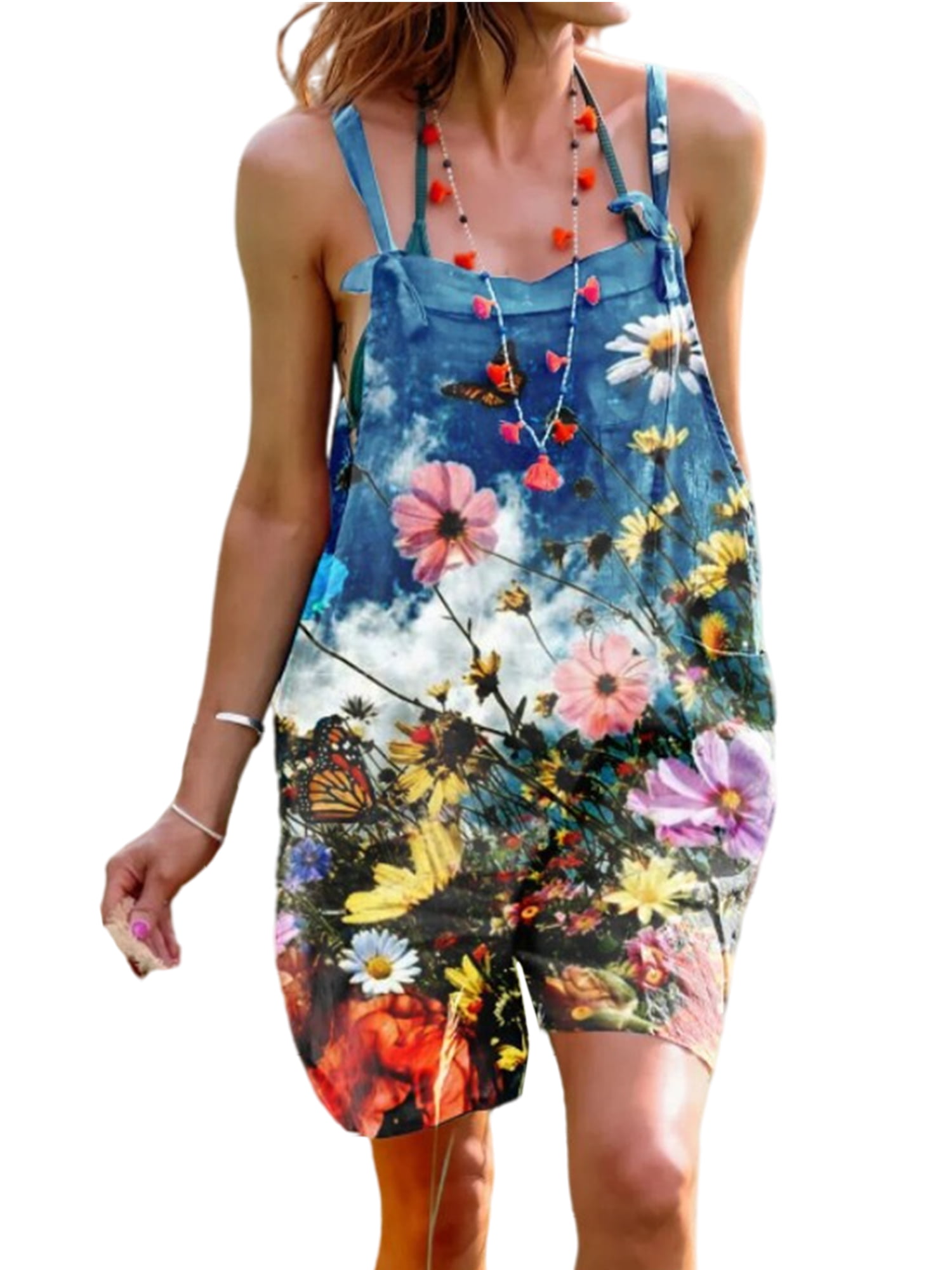 Beiwei Ladies Bohemian Floral Printed Bib Overall Sleeveless Baggy ...