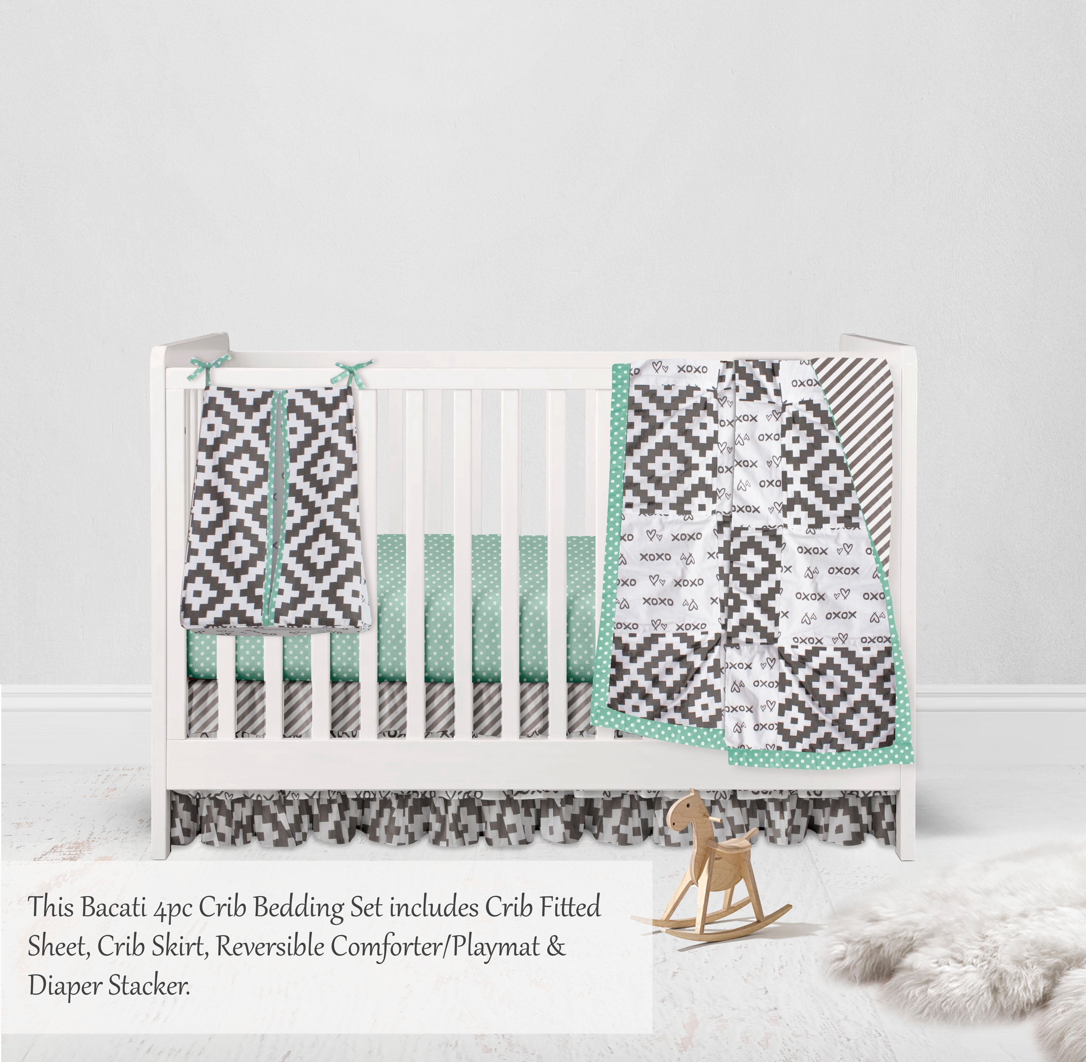 Bacati - Love Aztec 4-Piece Crib Bedding Set with Diaper Stacker - Grey/Mint Unisex
