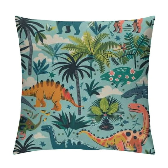 Pratyus Dinosaur Palm Tree Jungle Square Pillow Cover Case for Cushions Sofa Bed Outdoor Decoration Short Plush 1PC 12x12in