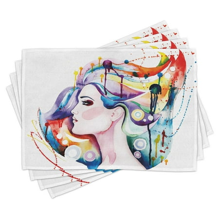 

Art Placemats Set of 4 Lovely Grunge Inspired Young Woman with Rainbow Colored Hair Abstract Watercolor Art Washable Fabric Place Mats for Dining Room Kitchen Table Decor Multicolor by Ambesonne