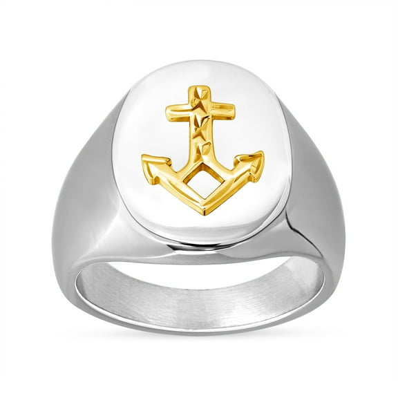 14K Gold Diamond Cut Anchor on Stainless Steel Oval Signet Ring Size 8, Nautical Men's Ring Jewelry