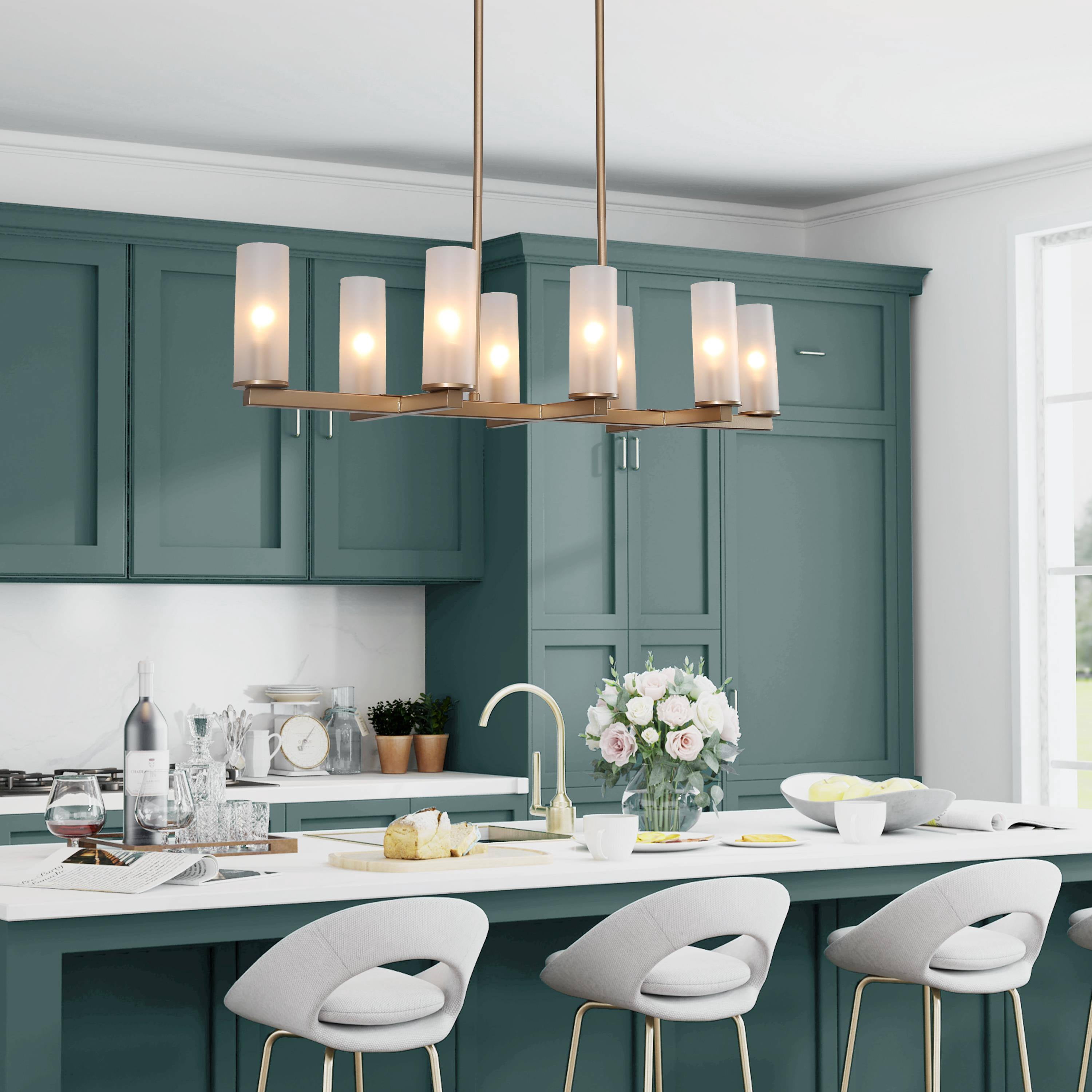 LNC Charm 8 -Light 32.5''L Matte Gold Modern/contemporary Frosted glass Linear Large Hanging Kitchen Island Light