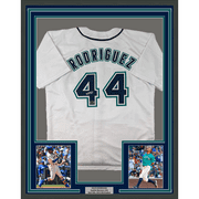 Framed Facsimile Autographed Julio Rodriguez 35x39 Seattle White Reprint Laser Auto Baseball Jersey