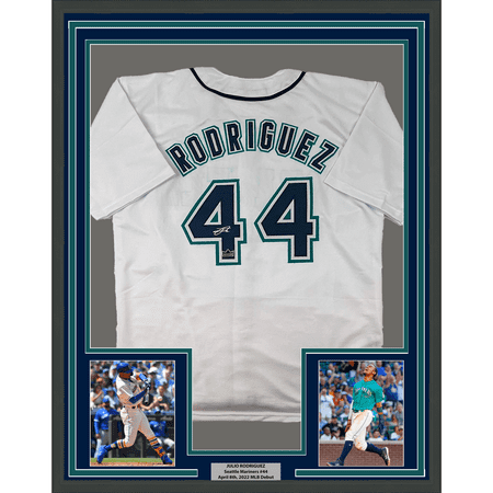 Framed Facsimile Autographed Julio Rodriguez 35x39 Seattle White Reprint Laser Auto Baseball Jersey