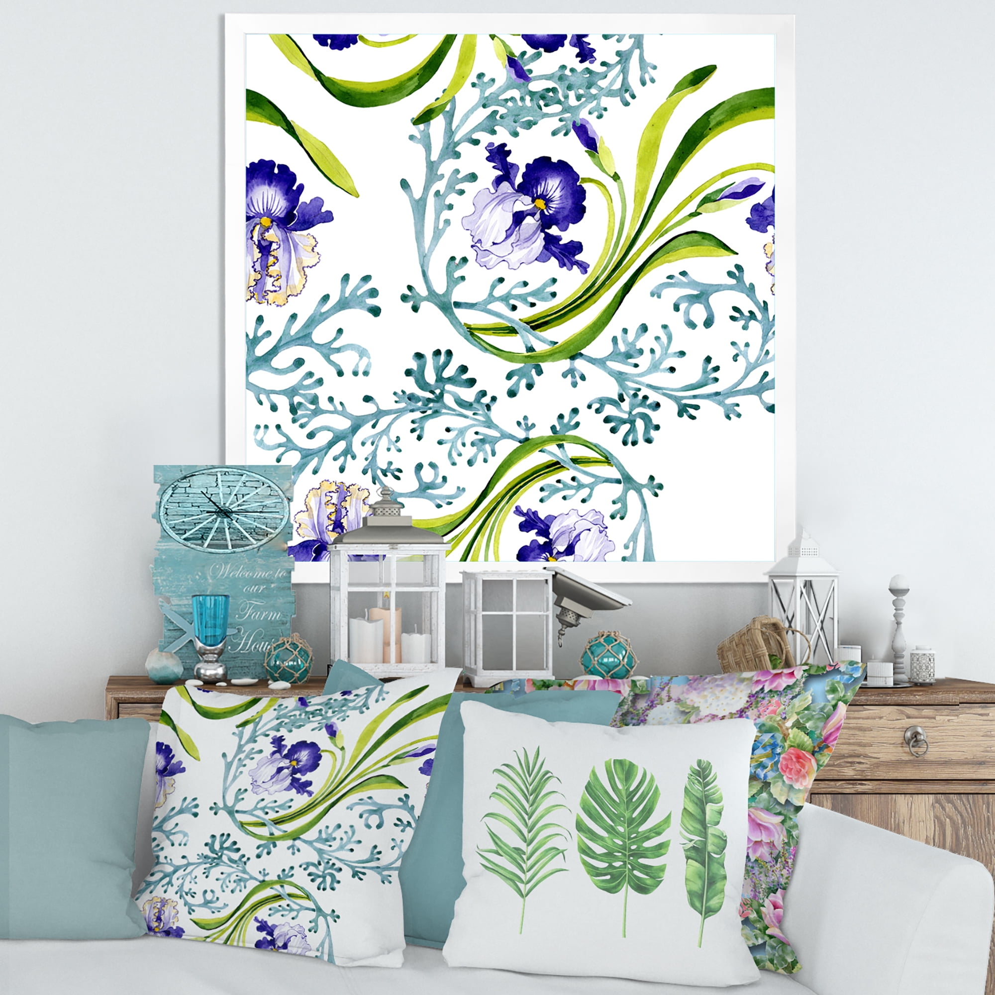 Designart 'Abstract Blue Iris With Wild Spring Leaves' Traditional Framed Art Print