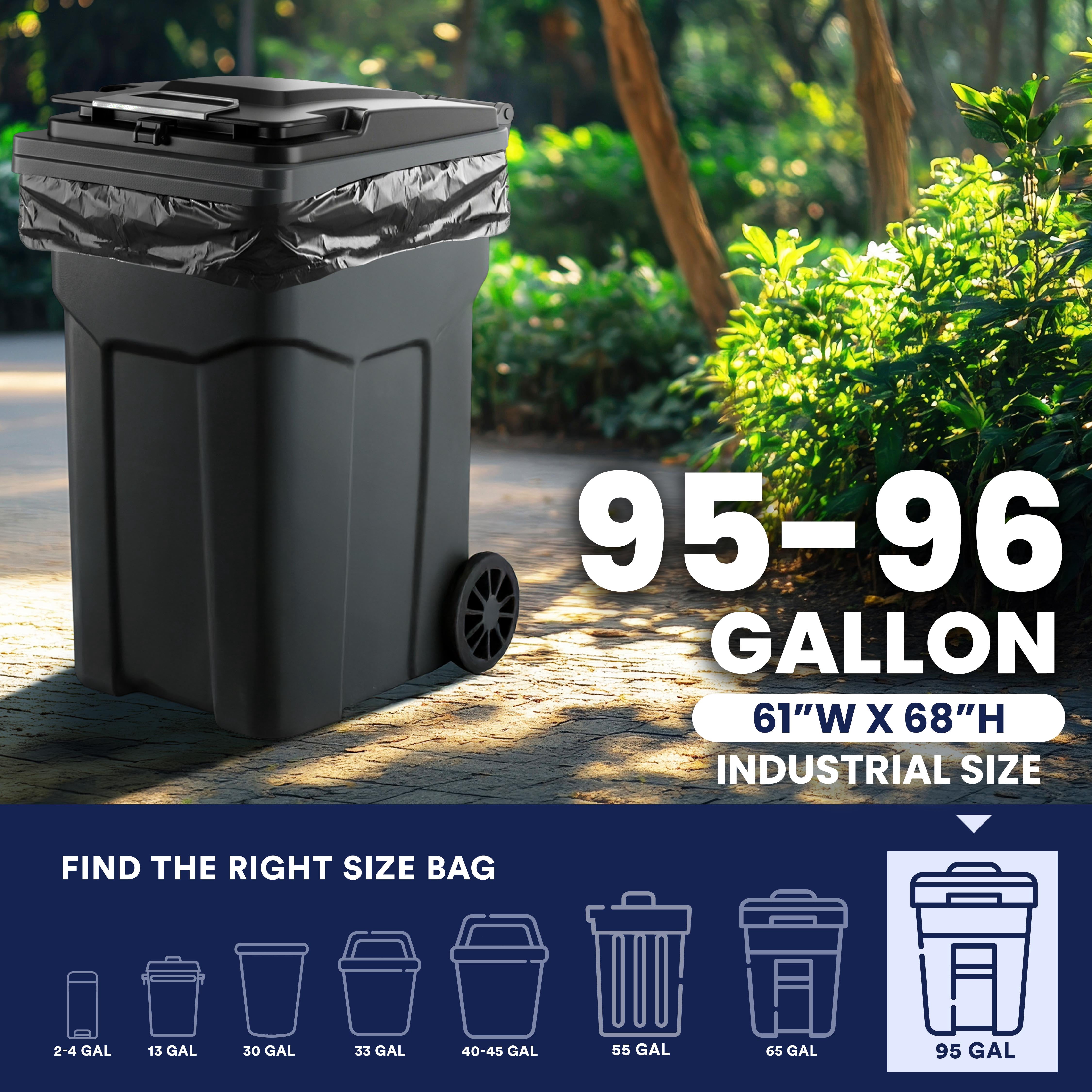 Plasticplace 95-96 Gallon Black Trash Bags ,Heavy Duty Garbage Can Liners , 61” x 68” (50 Count) , Extra-Large, Tear-Resistant, Leak-Proof, Fits Outdoor Rollaway Cans & Industrial Waste 1.5 Mil