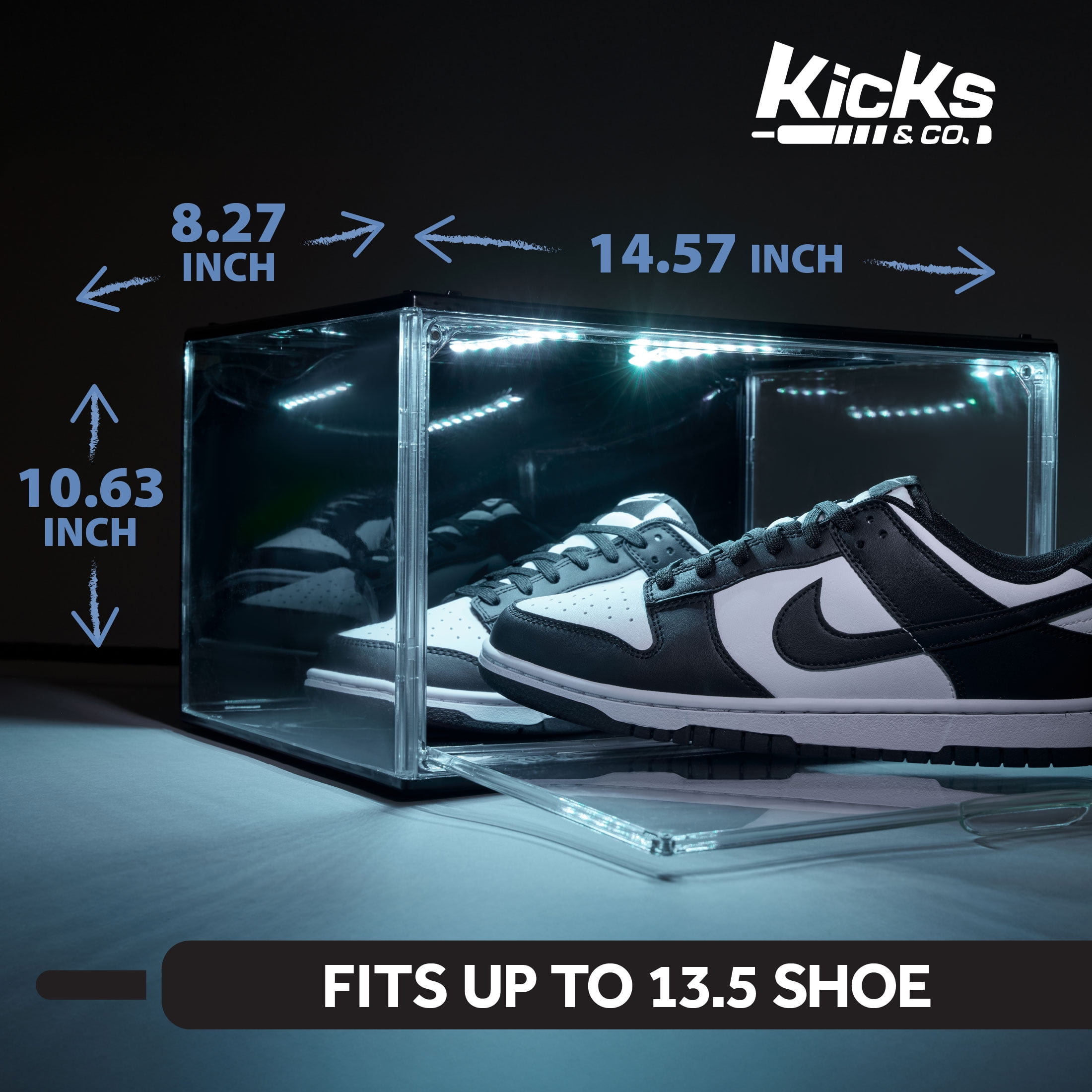 Kicks & Co XL Clear Plastic Stackable Shoe Storage Box for Sneakers Remote Control LED Light Fits Up to Size 13