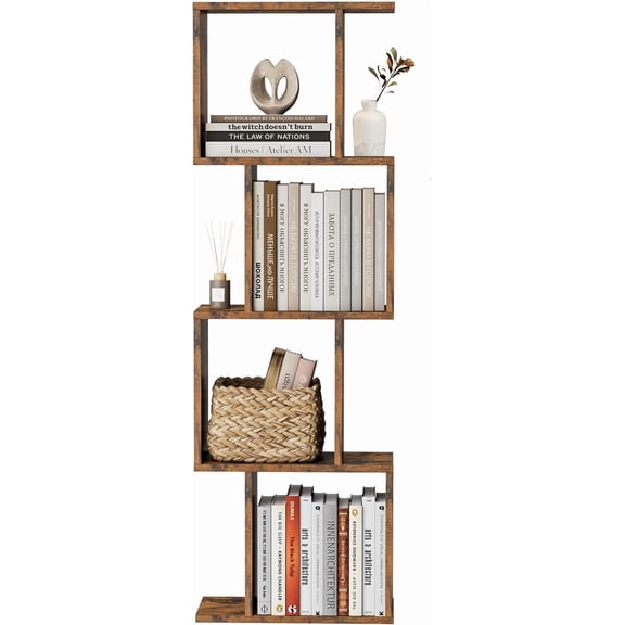 4 Tier Modern Geometric Bookshelf Rustic Walnut S-Shaped Freestanding Display Shelf Storage Organizer for Books and Decor in Living Room and Office