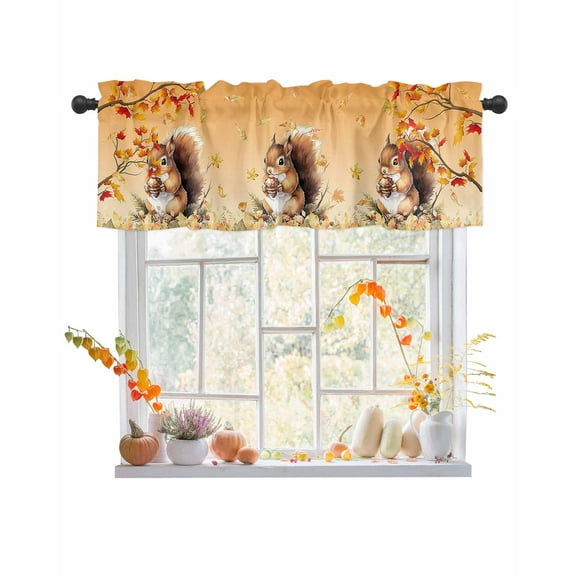 Valances for Windows, Thanksgiving Fall Fall Squirrel Maple Leaves Rod Pocket Short Window Valance Curtains Holiday Window Treatment for Kitchen Living Room Bathroom, 42"x18"