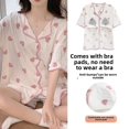 thumbnail image 1 of Ropa de dormir de verano para mujer, conjunto de ropa para el hogar con estampado de dibujos animados de manga corta y almohadilla en el pecho integrada, cárdigan, pantalones cortos integrados, 1 of 5