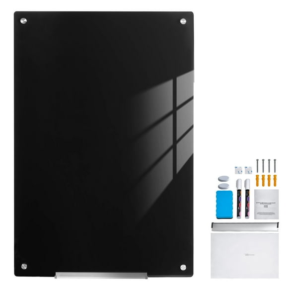 KFFKFF Magnetic Glass Writing Board, Erasable 36"x24" Surface, Frameless Design for Wall, Includes Marker Holder, a Cleaning Tool, and 2 Writing Pens, Black