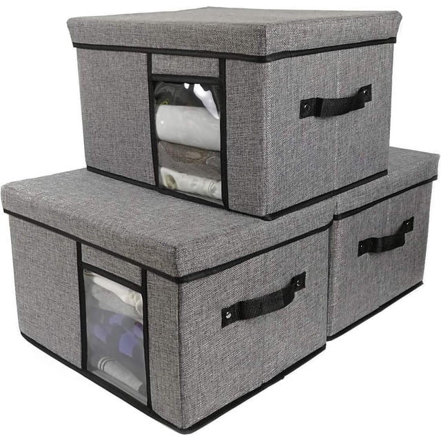 Hweilai Fabric Storage Containers with Lid, 2 Handles and Clear Window, Washable Foldable Storage Basket Cube Box, 1 Pack