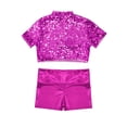 thumbnail image 3 of renvena Kids Girls Short Sleeves Sparkly Crop Top and Shiny Metallic Short for Cheerleading Performance Hot Pink 10, 3 of 7