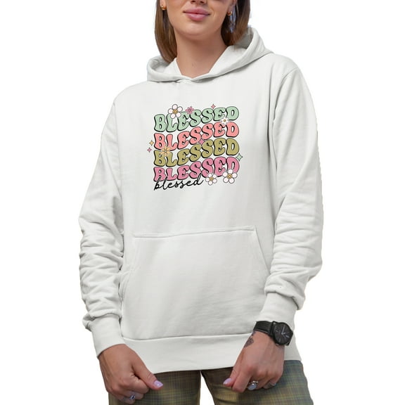 Distressed Blessed - Retro Groovy Wavy Text Art Merch Gift, White Hooded Sweatshirt or Hoodie, Small