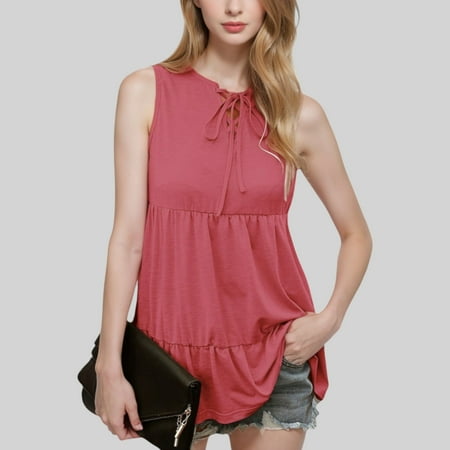 Women s Sleeveless Babydoll Top with Lace-Up Neckline - Large  Red