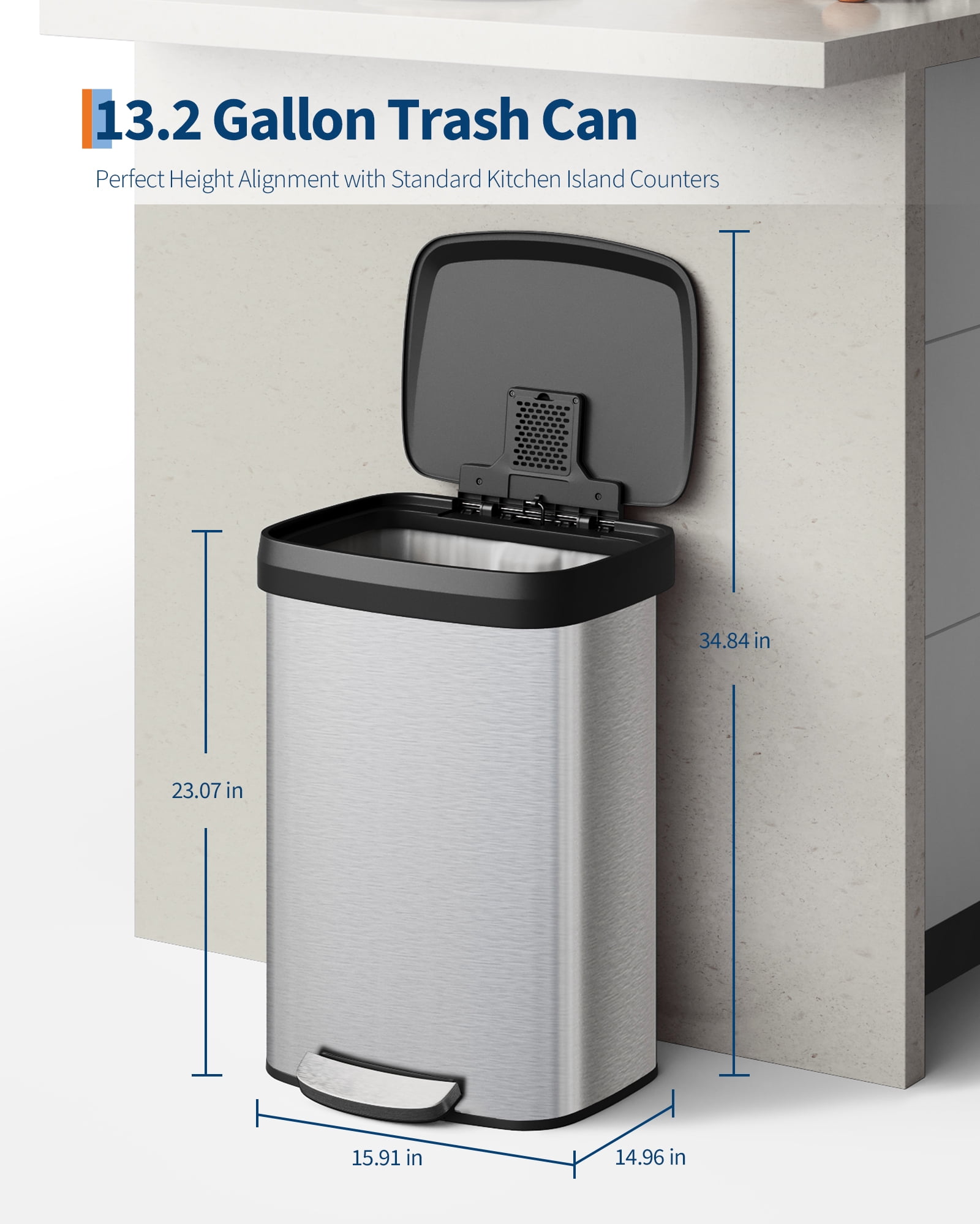 Hands-Free Step-On Kitchen Trash Can, 13 Gallon/50L – Tall Stainless Steel Garbage Bin with Soft Close Lid, Odor Control, Liner Rim, Rear Handle, Rustproof – Stainless Steel Color