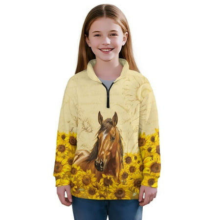Chaqlin Sunflower Horse Teen Girls Fall Clothes Half Zip Sweatshirt Pullover Sweatshirts Long Sleeve Trendy Comfy Casual Loose Athletic Wear Size 11-12