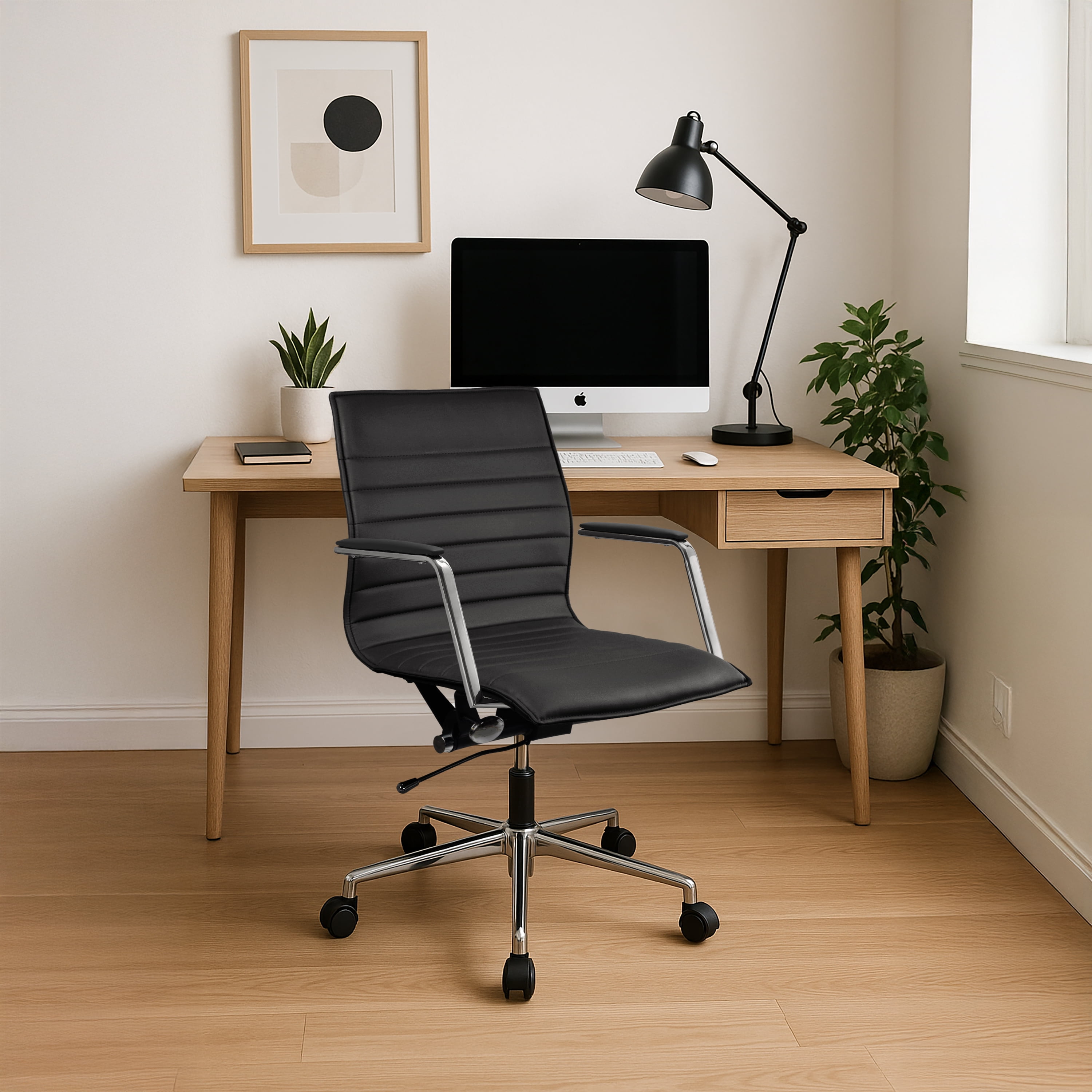 2xhome Mid Century Office Swivel Task Chair With Arms Wheels Modern Black Desk Chair Ergonomic Mid back PU Leather Arm Rest Adjustable Height, Set of 1, 1 piece