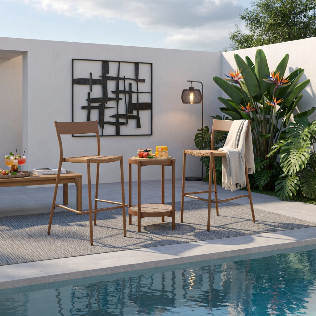 Hommoo 2-Pack Light Brown Woven Rattan Bar Stools with Metal Frame, Indoor/Outdoor Patio Bar Chairs, 29" Seat Height, Stackable & Space-Saving Design, Light Brown