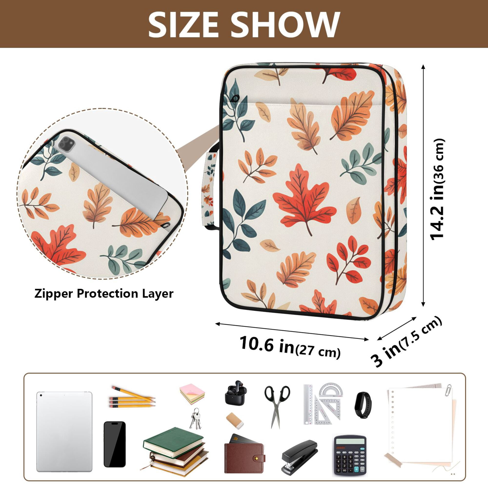FORMRS Accordion File Folder A4 Size 7-Pocket Expanding Document Organizer Bag with 3 Ring Binder, Hand Drawn Autumn Leaves