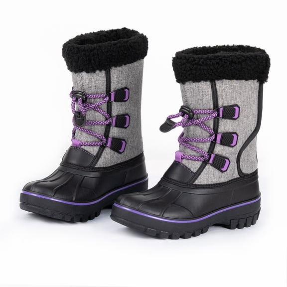 NIPAXO Kids Snow Boots Waterproof Winter Boots Grey and Black Purple Accents Sherpa Collar Bungee Lacing Outdoor Cold Weather Winter Boots for Boys Girls