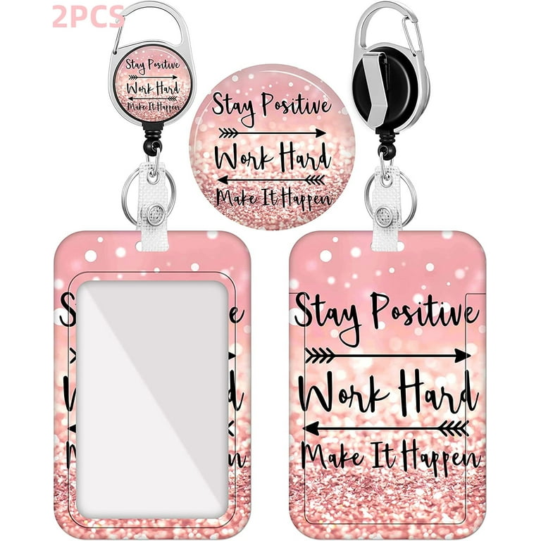 2 Pack ID Badge Holder With Clip Badge Reels Retractable Heavy Duty Clear Id  Card Holder Retractable Vertical Lanyard Id Holder with Carabiner Badge Reel,  Pink 