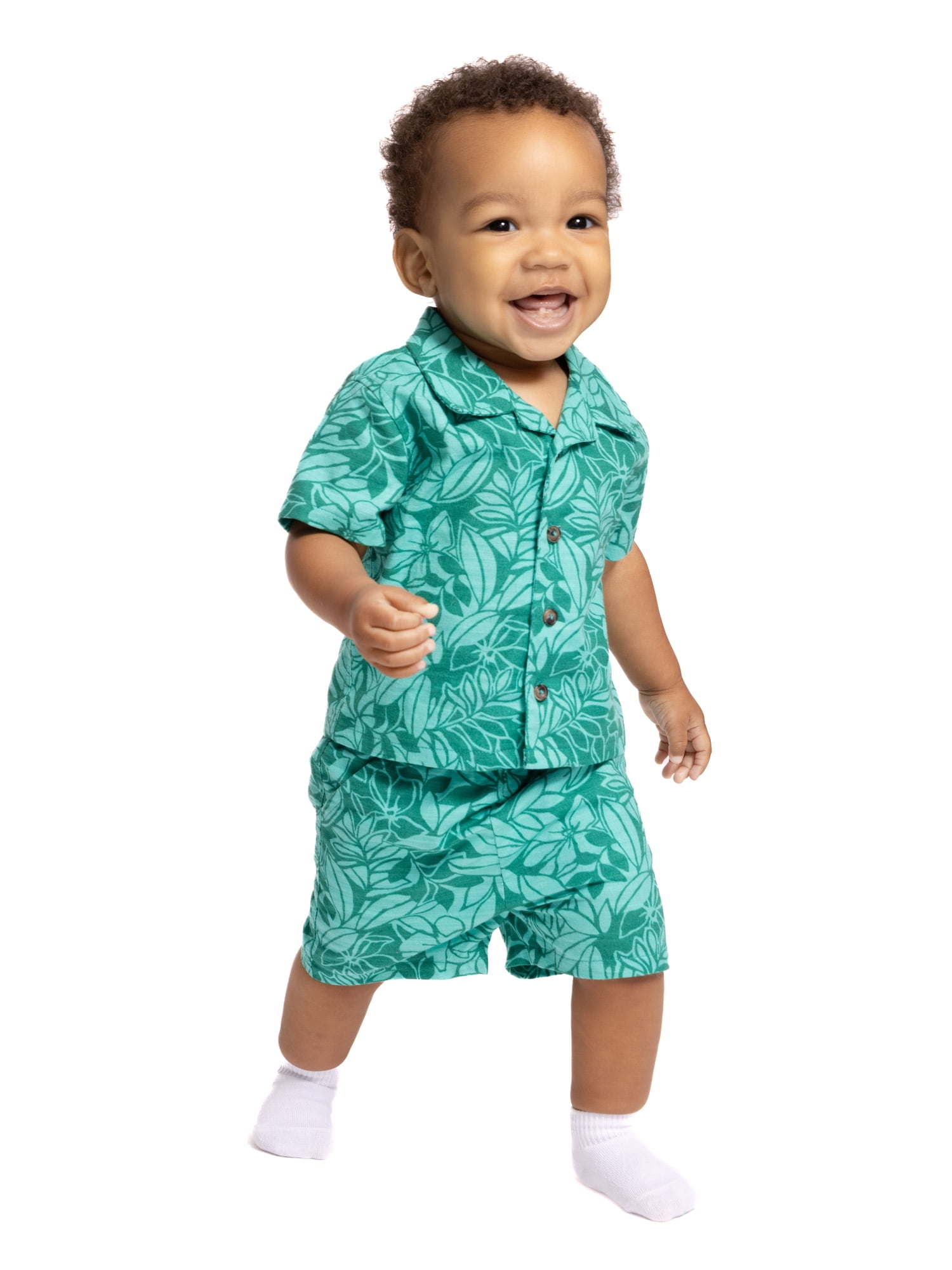 Wonder Nation Baby Boys Short Sleeve Printed Collared Button Top and Matching Shorts Set, Sizes 0/2M-24M