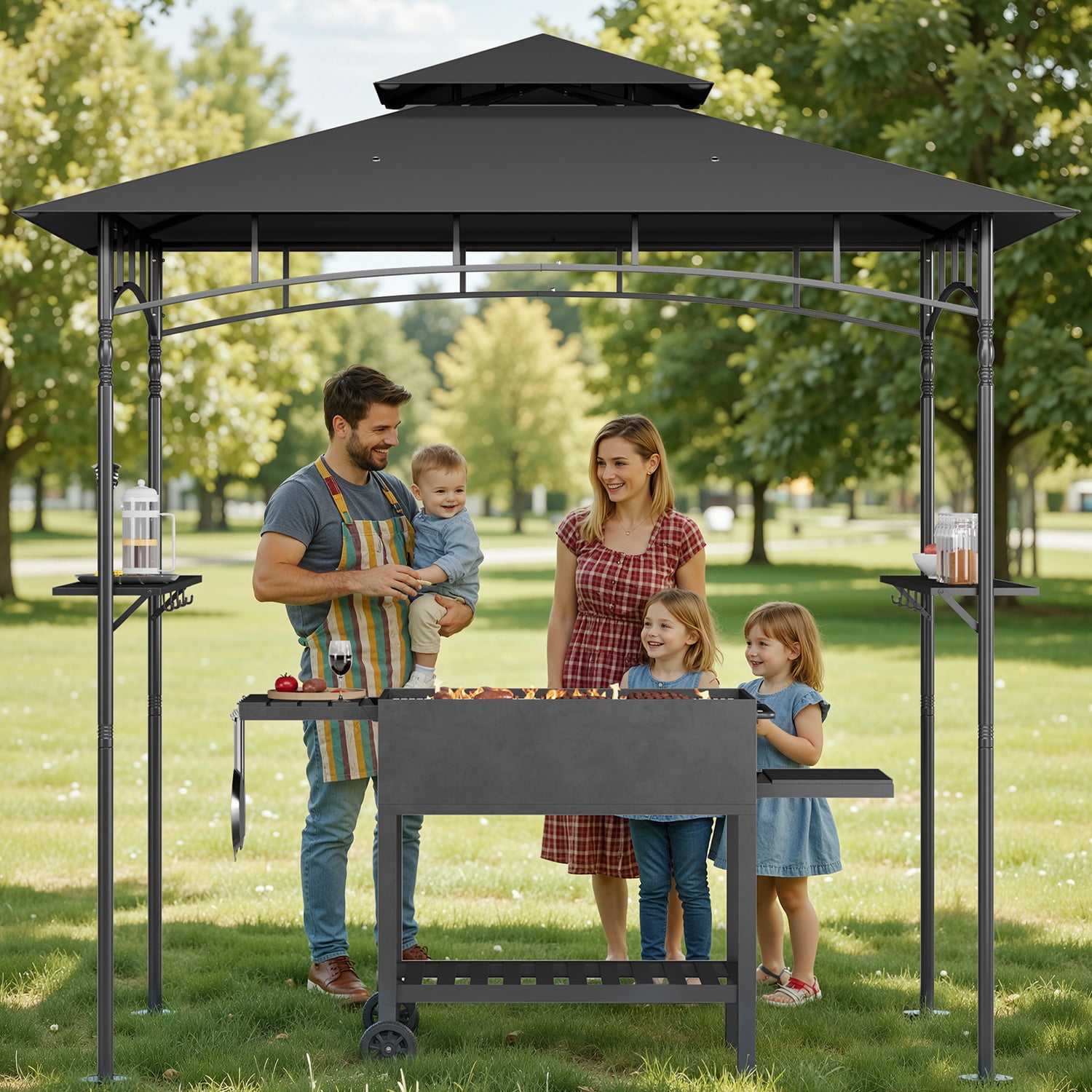8'x5' Grill Gazebo,Asofer Double Tier BBQ Canopy with Vented Top, Outdoor Steel Frame Shelters with Shelves and Hooks for Backyard Patio,Dark Gray