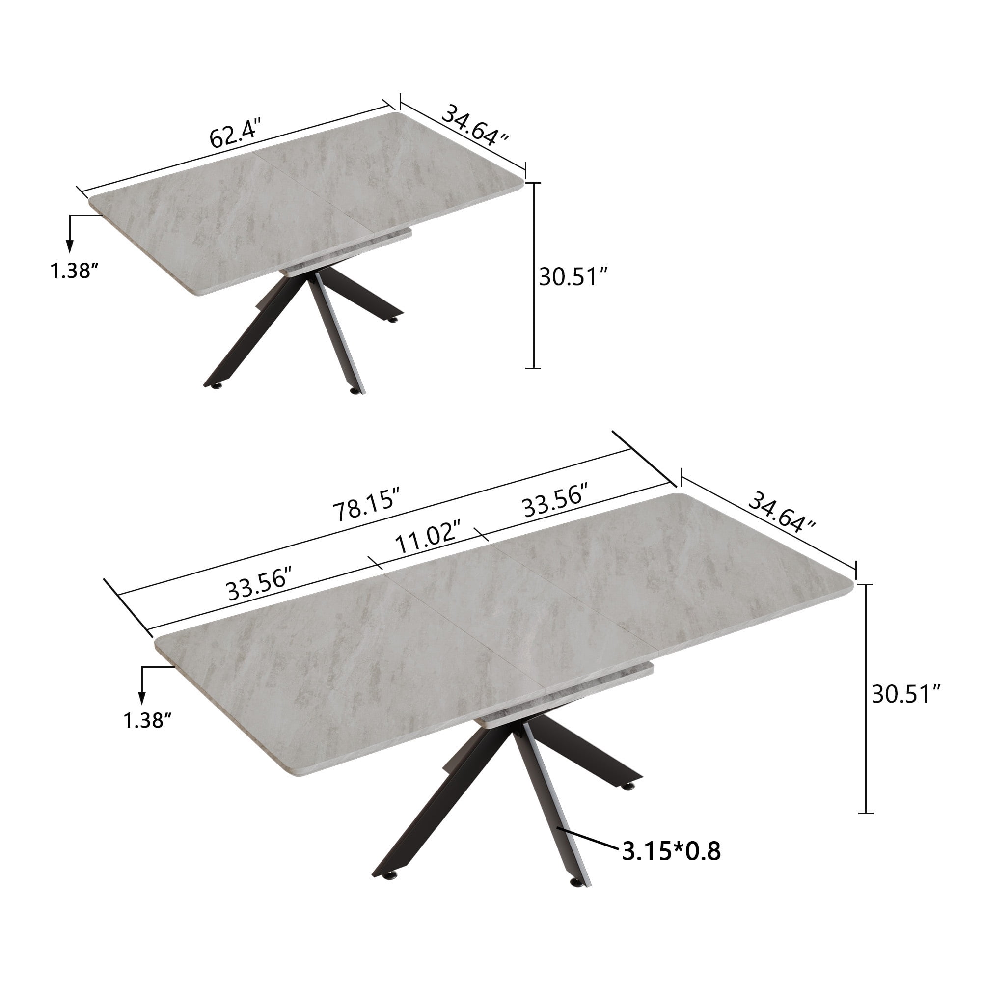 PORKISS Large Mobile Extendable Dining Table for 8-10 People, 78.15" Kitchen Table with Wood Top and Steel Legs, Rectangular Table for Dining Room, Living Room, Party, Conference, Grey+Black
