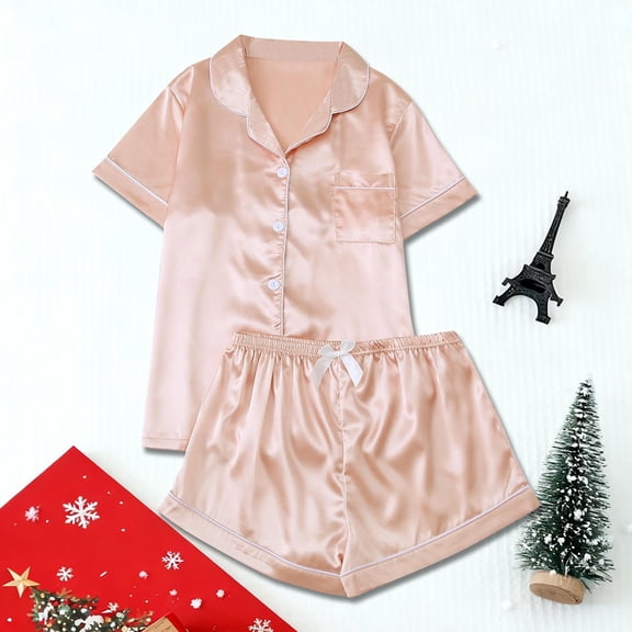 Juslio Ladies Pajamas with Pockets Homewear Fashion Solid Collar Tops and Shorts 2 Piece Matching Pajamas Sets L