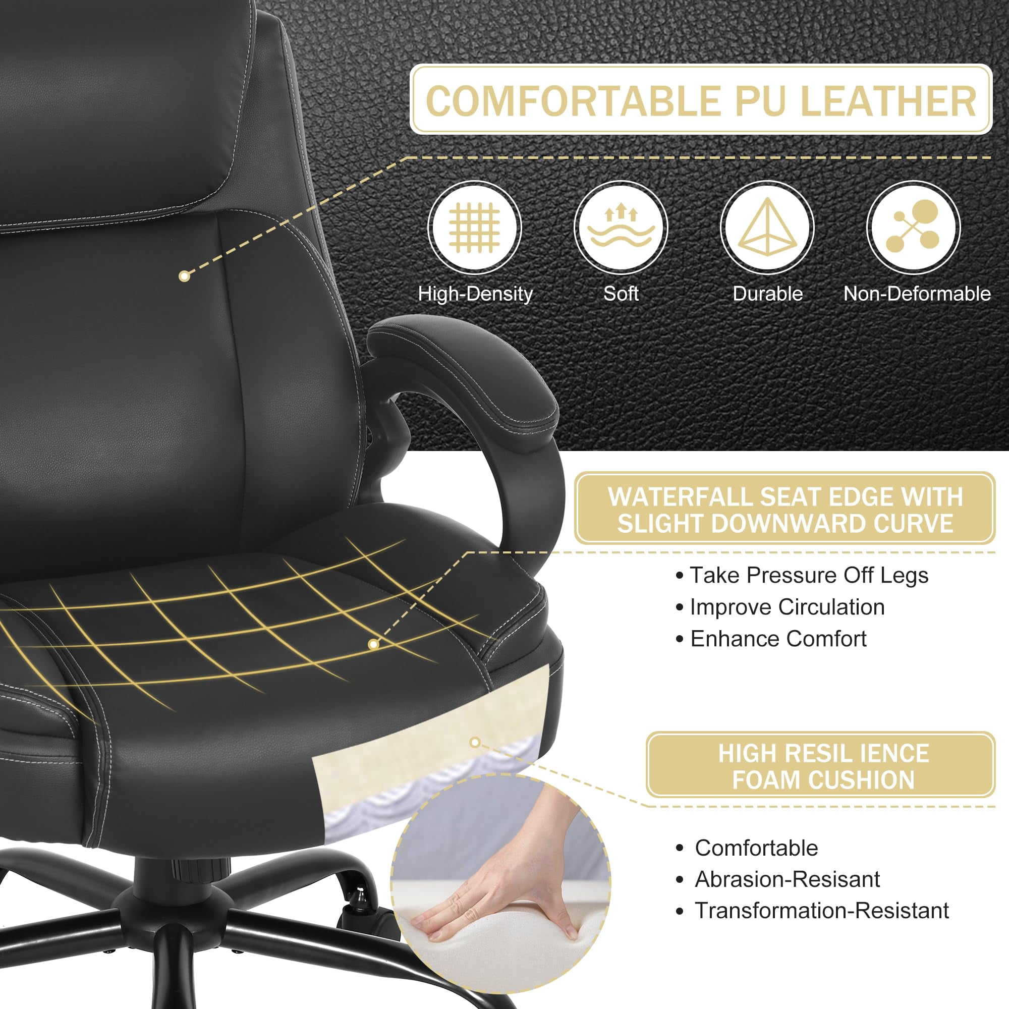 400lb Heavy Duty Office Chair, Ergonomic 43" H High-Back Executive Chair with Adjustable Lumbar Support