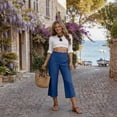 thumbnail image 4 of Linen Capri Pants Women 2026 Spring Summer Casual Lightweight Petite Elastic Waist Straight Leg Capris with Pockets Blue M, 4 of 6