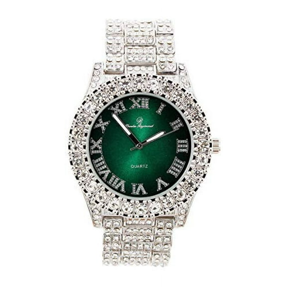Mens Silver Big Rocks with Roman Numerals Fully Iced Out Colorful Dial Watch - ST10327 RN Single (Silver Money Green)