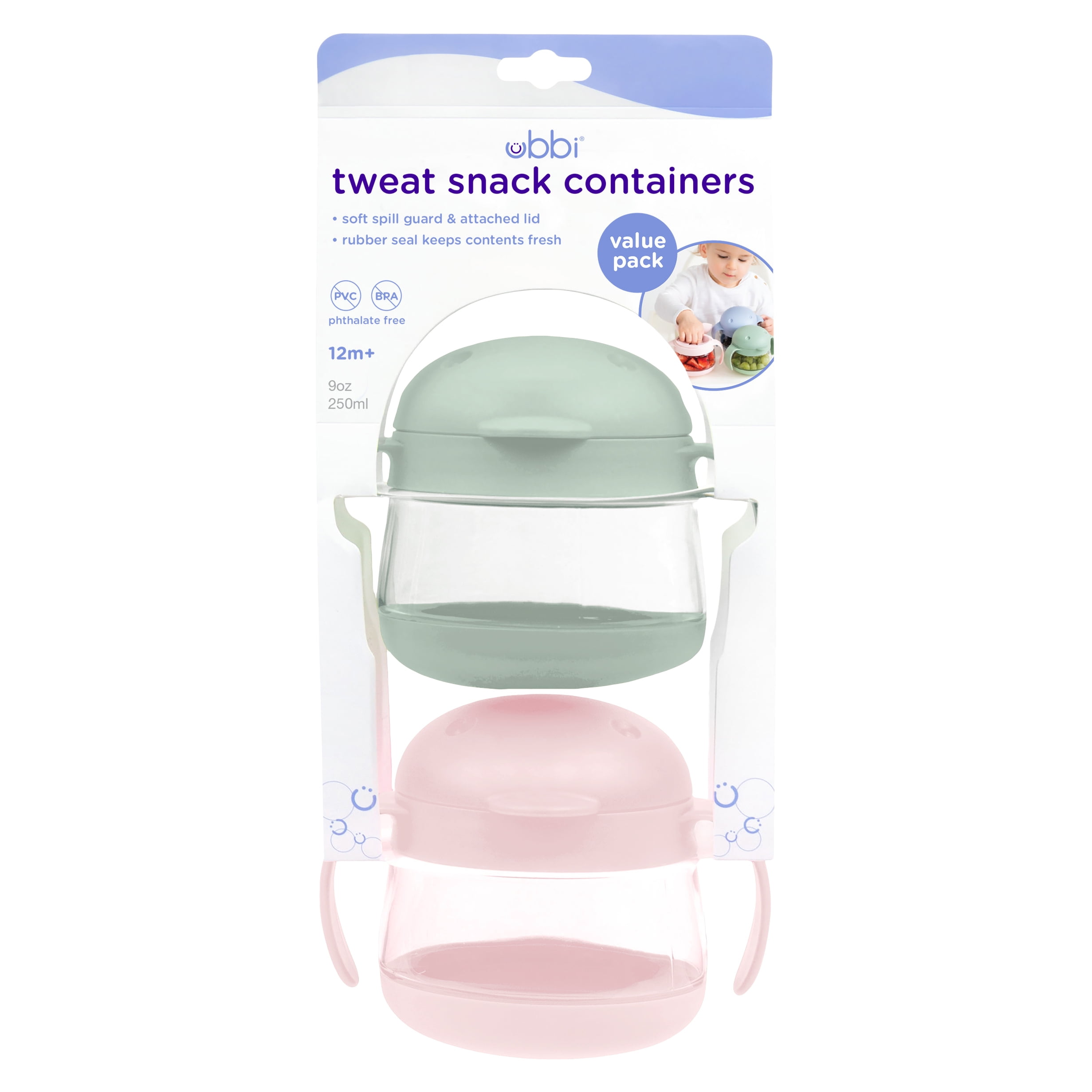 Ubbi Tweat Spill-Proof Snack Container for Toddlers & Kids,BPA-Free, Sage Green & Pink, Made of Tritan