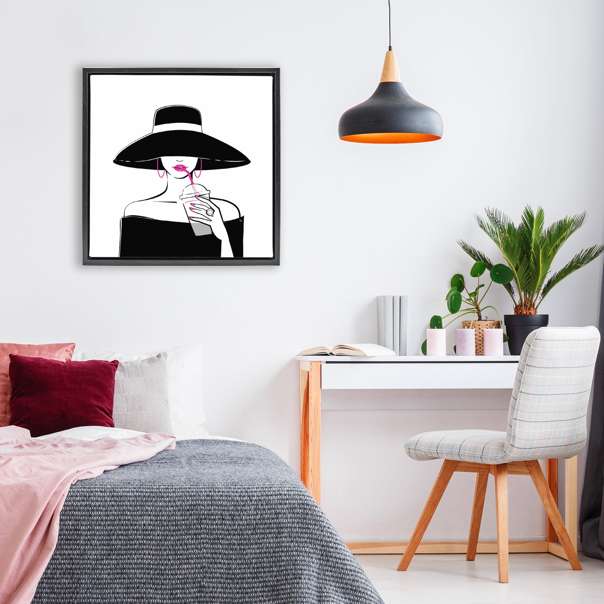 Stupell Industries Chic Black Hat Sipping Coffee Black Framed Floater Canvas Wall Art, design by Martina Pavlova