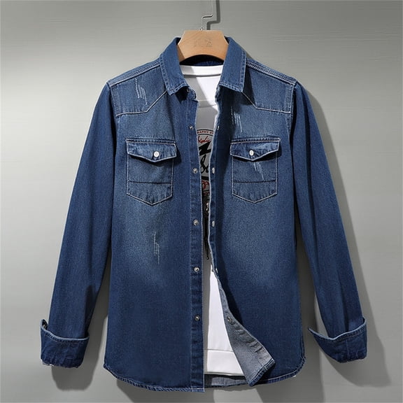 Huowey Men Jean Shirt Solid Color Button Down Classic Denim Jacket Long Sleeve Casual Work Shirt Washed Jean Coat Autumn Dailywear,Dark Blue,L