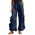 thumbnail image 2 of Mifsaly Womens Casual Pants Elastic Waist Drawstring Wide Leg Trousers Ruffle Trim Lightweight Breathable Summer Vacation Lounge Everyday Clothes with Pockets Navy,M, 2 of 8