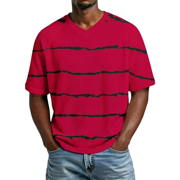 Telankuip Summer Mens Striped T-Shirts Loose Fit V-Neck Raglan Sleeved Waffle Casual Tees 2026 Fashion Beach Vacation Short Sleeve Tops Soft Breathable for Everyday Wear 1-Red XL