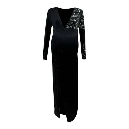 

Maternity Dress Women Long Sleeve V-Neck Loose Fit Boho Pregnancy Solid Color Side Slit Dress Photography Party Dress Long Maternity Dress Mama Sundress Casual Fashion Summer Clothes