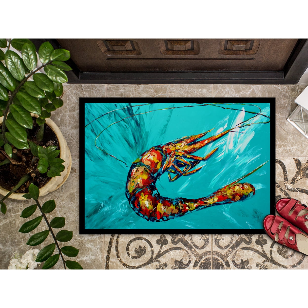 Carolines Treasures MW1100JMAT Shrimp Teal Shrimp Door Mat Indoor Rug or Outdoor Welcome Mat 24x36 Doormat 24H X 36W