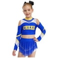 thumbnail image 2 of Kaerm Girls Cheerleading Uniform Long Sleeve Crop Tops+Sequin Tulle Tutu Skirt Leotard 2 Piece Dance Sets Blue 16, 2 of 7