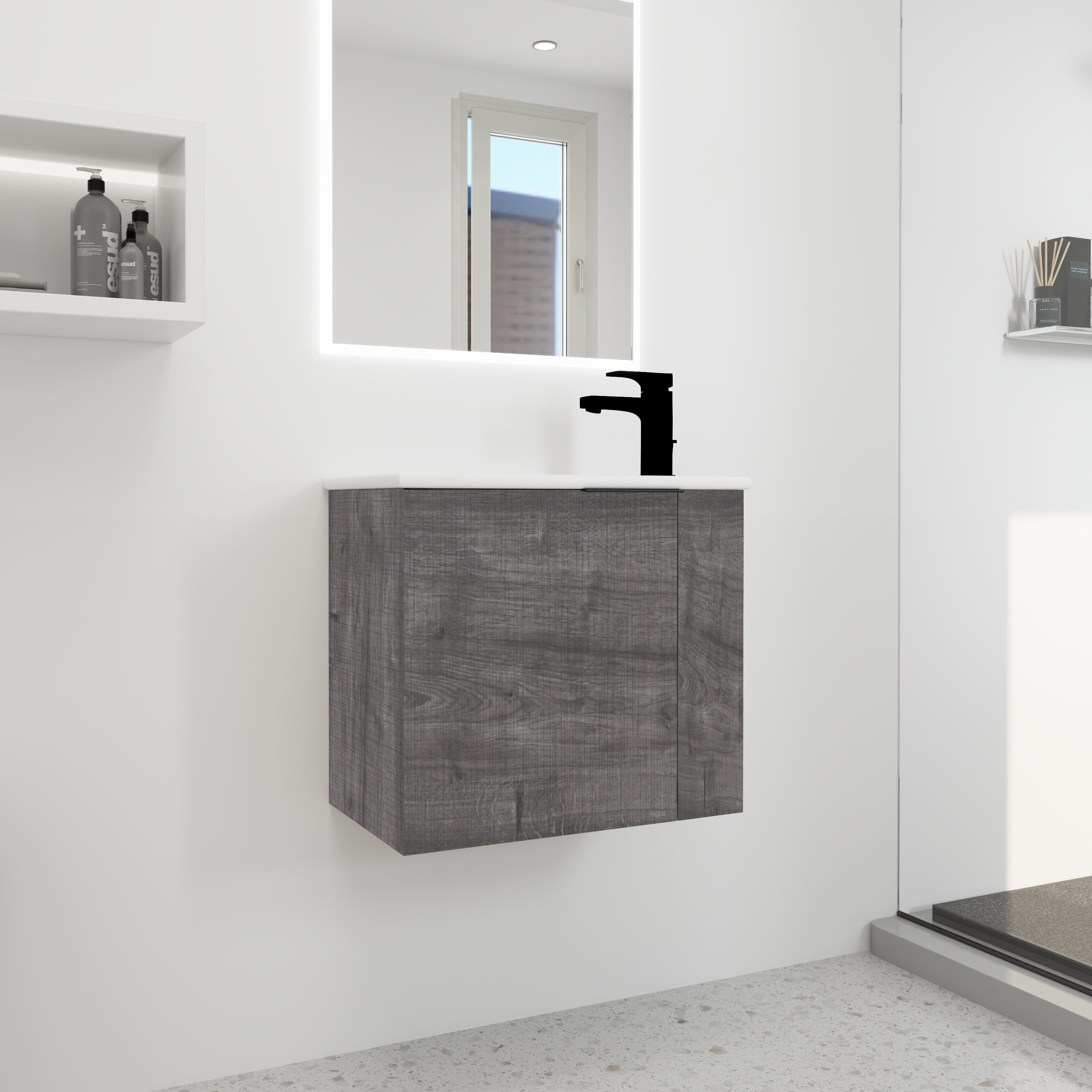 Leumius Bathroom Vanity with Sink 22 Inch for Small Bathroom,Floating Bathroom Vanity with Soft Close Door,Small Bathroom Vanity with Sink.Plaid Grey Oak