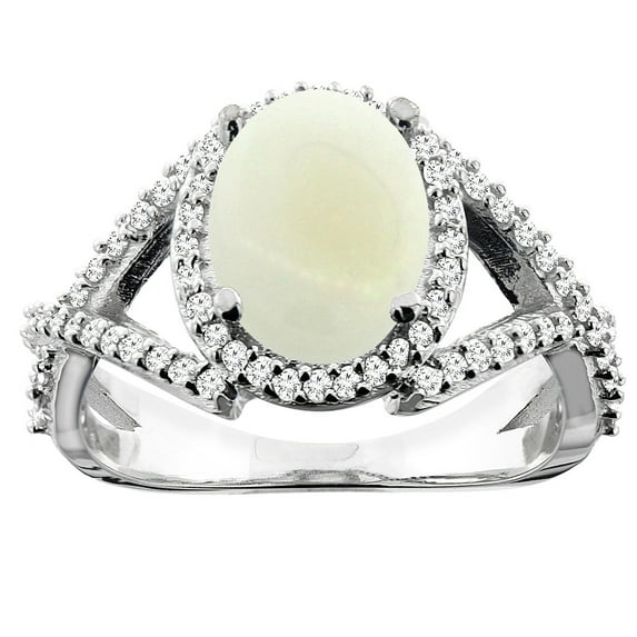 10K White Gold Natural Opal Ring Oval 10x8mm Diamond Accent, size 5