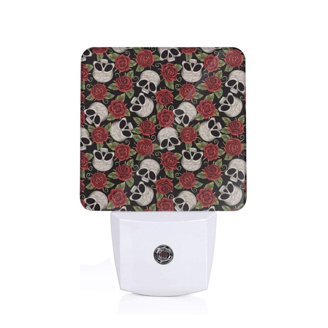 Fotbe Red Rose Skull Luz Nocturna LED, Luz de Noche con Sensor de Luz Natural de Anochecer a Amanecer, Se Enchufa a la Pared, Blanco Cálido 0.5W-EU