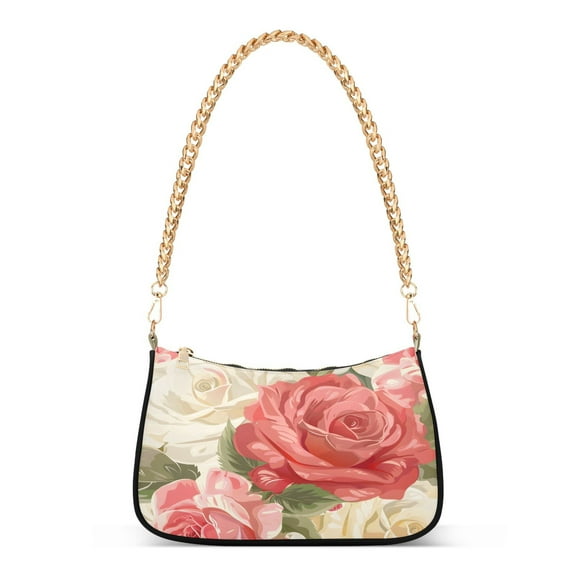 Ryvnso Rose Flower and Leaf Womens Chain Shoulder Bag Tote Handbags Clutch Hobo Purse with Zipper for Travel